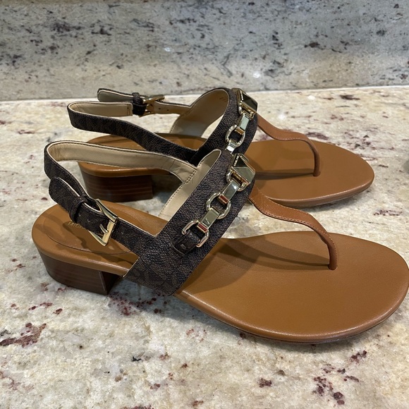Michael Kors | Shoes | New Michael Kors Charlton Leather Logo Brown Sandals  Size 8 | Poshmark